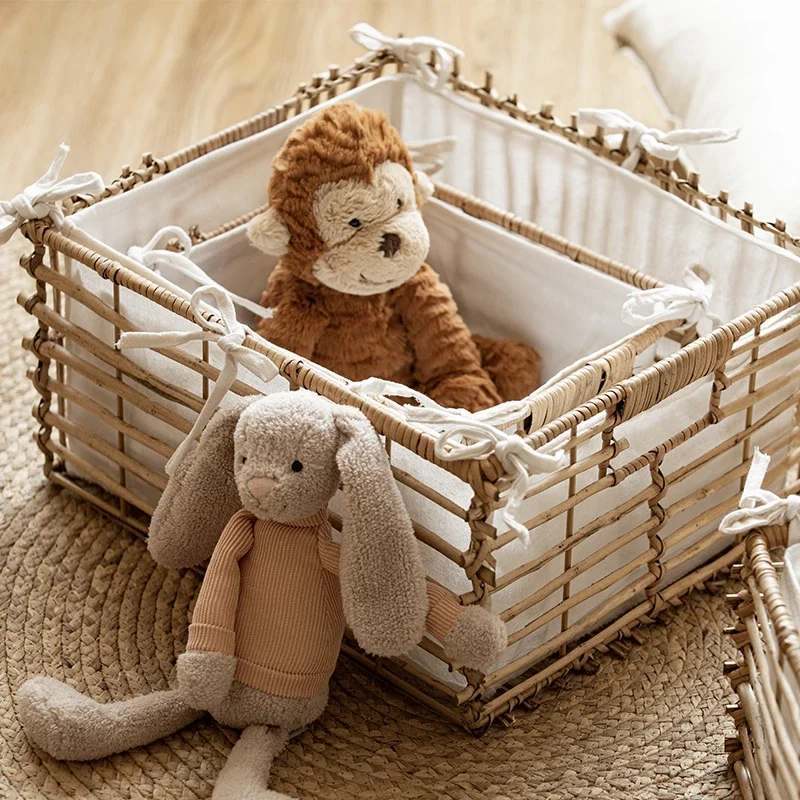 Natural Rattan Weaving Storage Basket Desktop Clutter Storage Boxes Disassembly Lining Makeup Organizer, Snack Toy Wicker Basket