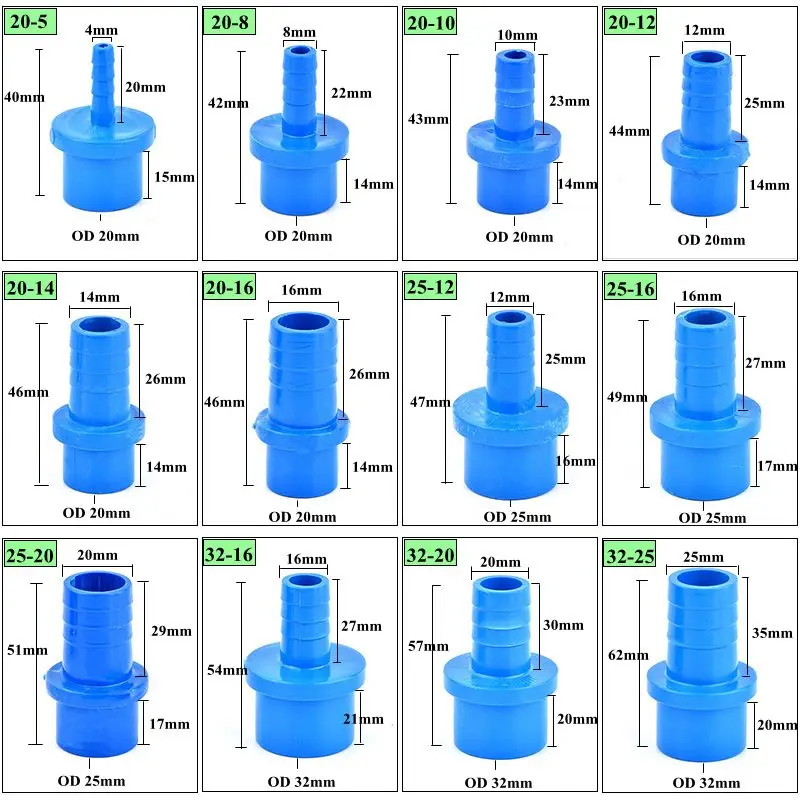 1~20Pcs OD 20~32mm To 5/8/10/12/14/16/20/25mm Pagoda Connector Aquarium Fish Tank Garden Irrigation Water Pipe Jionts Fittings