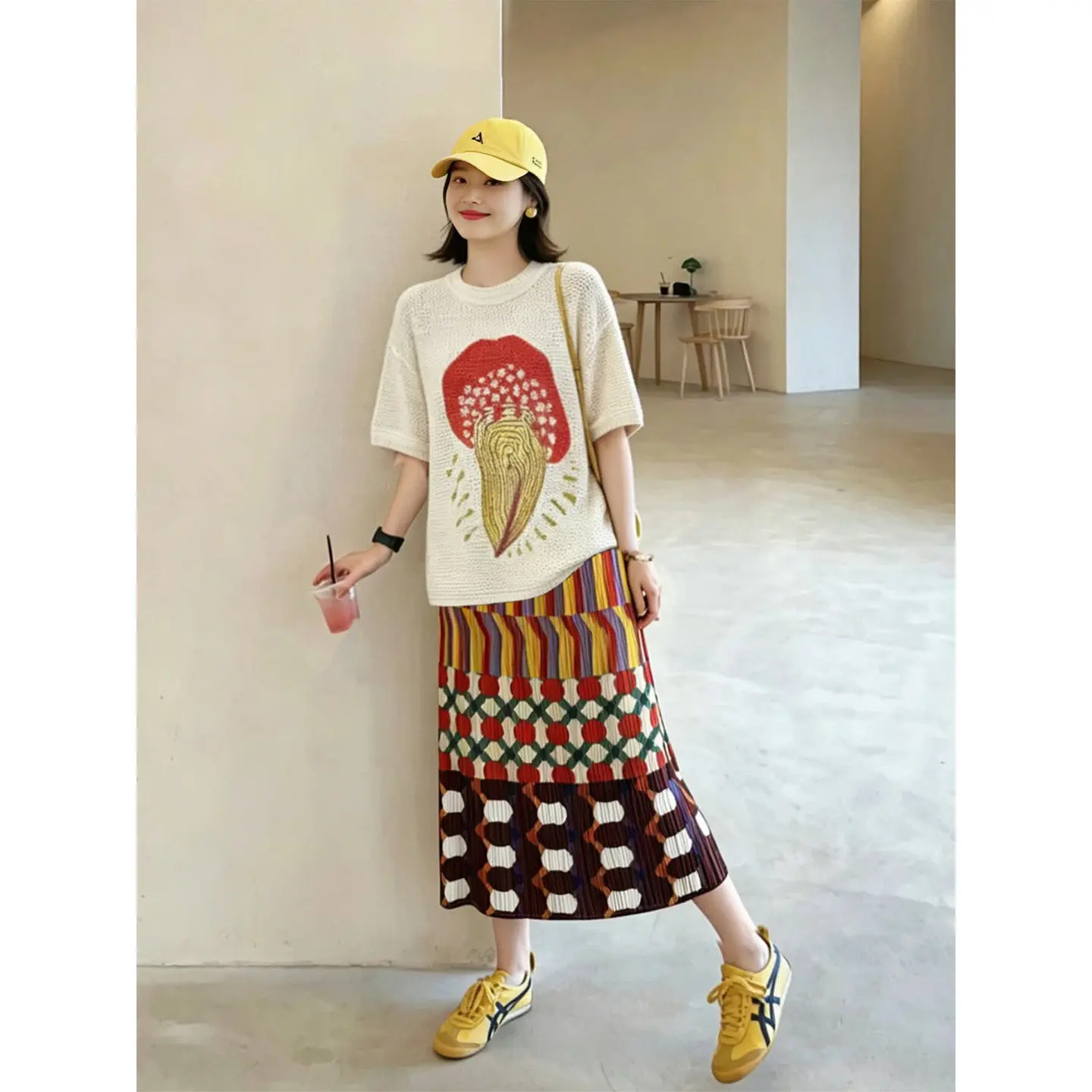 Miyake Pleated 2026 New Geometric Color-Block Pleated Skirt Women's Mid-Length Retro Style Colorful Skirt Two-Piece Set Pleat