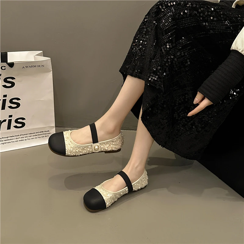 Casual Woman Shoe Female Footwear Loafers with Fur Elegant Round Toe Soft Summer Glitter Moccasin Big Size Dress Slip-on PU Lace