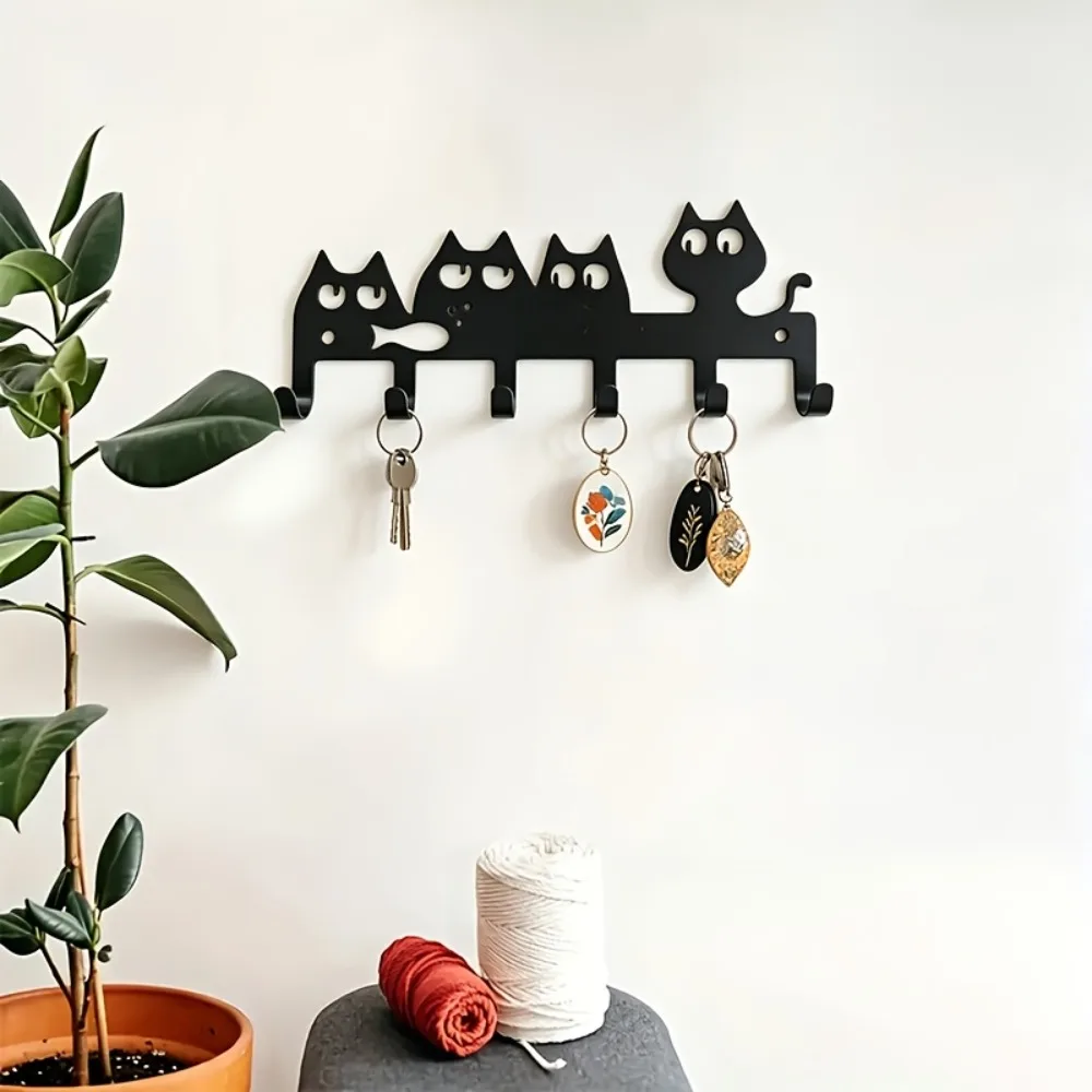 CIFBUY Wrought Iron Cat Wall Rack 6 Hooks Key Holder Fish Cutout Towel Coat Storage Decor Easy Install
