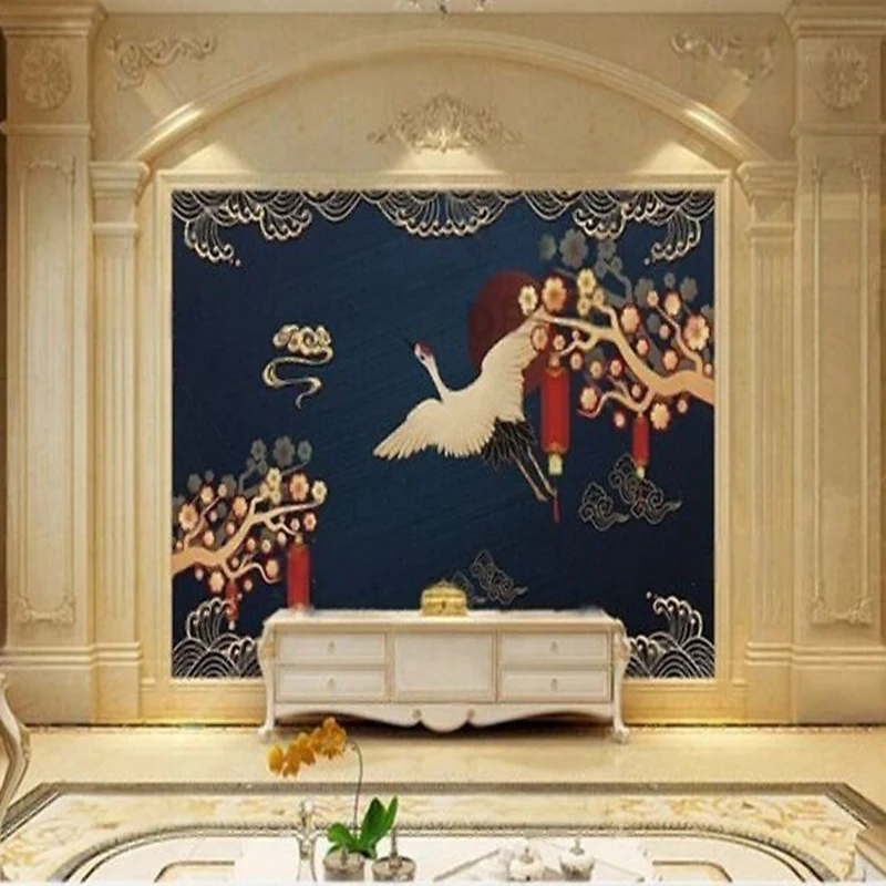 

Chinese-style national trend golden wave auspicious cloud flying crane custom sofa TV luxury home decoration bedroom background
