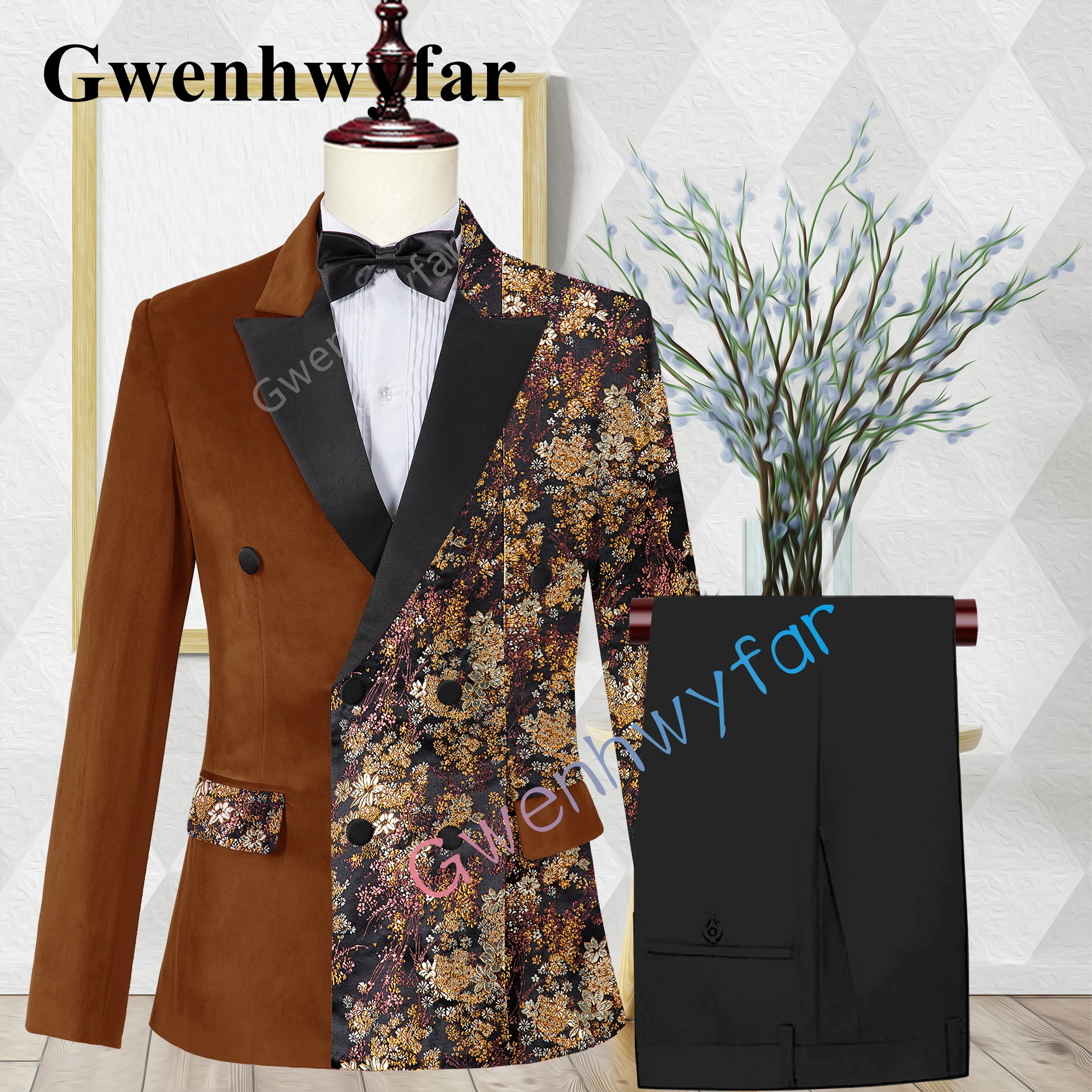 Gwenhwyfar New Design Velvet Patchwork Embroidery Wedding Groom Jacquard Neck Suit Casual Tuxedo Fashion Red Suit 2 Piece