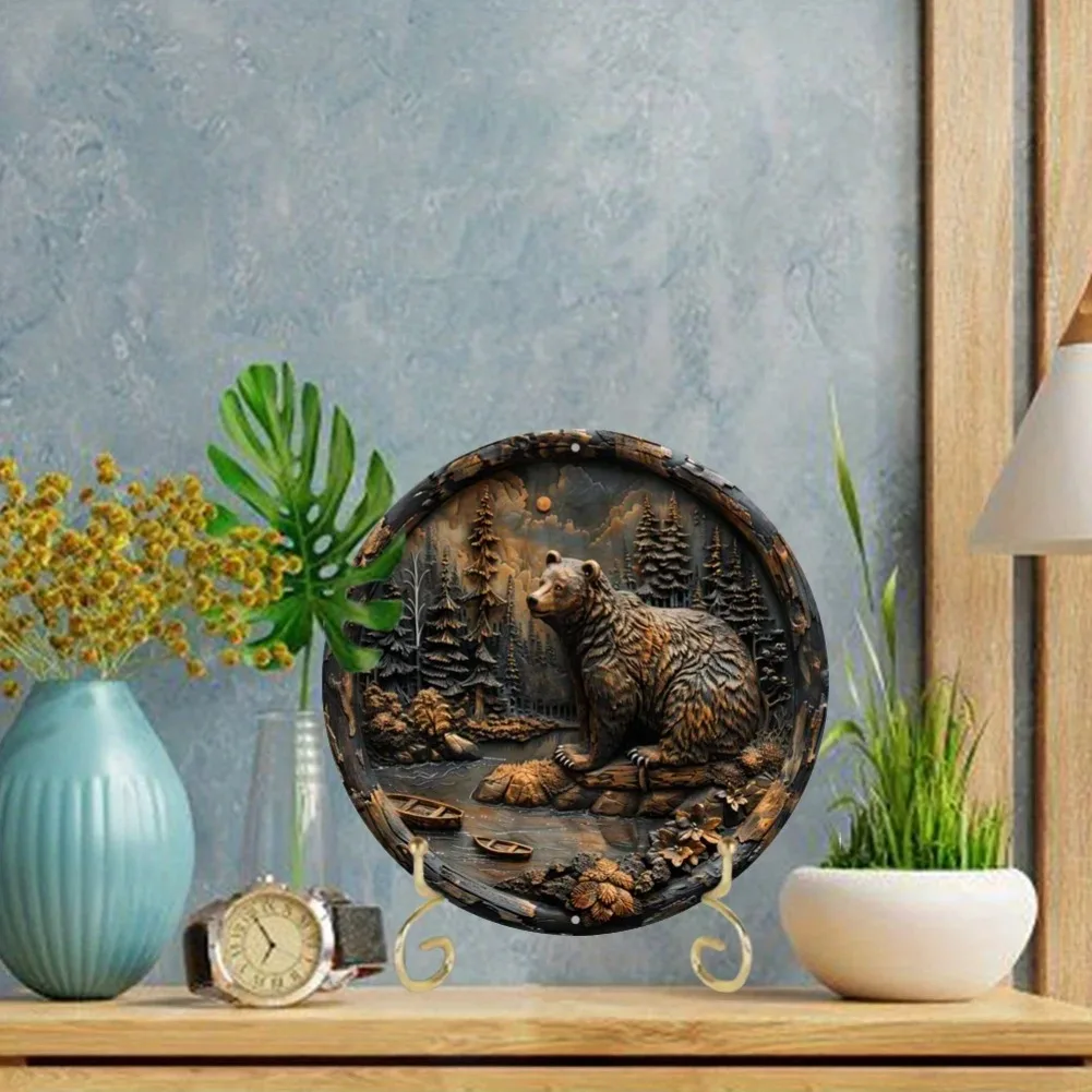 3D Embossed Brown Bear Wilderness Scene 2D Flat Tin Sign - Rustic Forest River & Pine Tree Themed Wall Decor for Cabin, Lodge, P