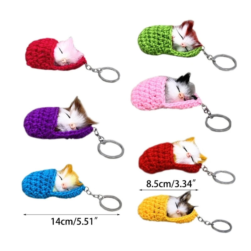 7 Colors 8.5cm Creative Stuffed Sleeping Cat Slipper Keychain Toys Cute Mini Knitted Animal Small Pendant Keyring for Women Kids