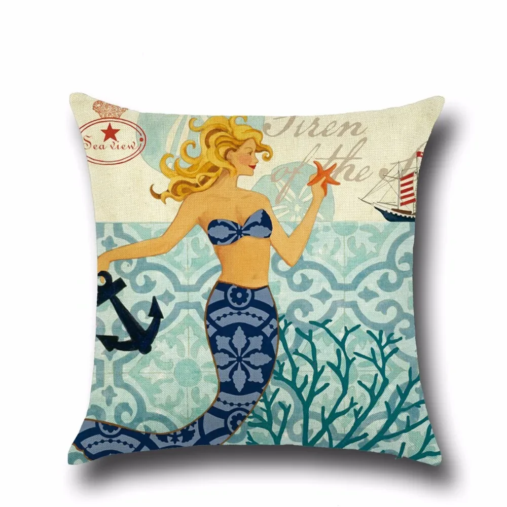

Cartoon Mermaid Cotton Linen Pillowcase Pillow Cover Ocean Style Chair Seat Waist Square Cushion Cover Home Living OU 007