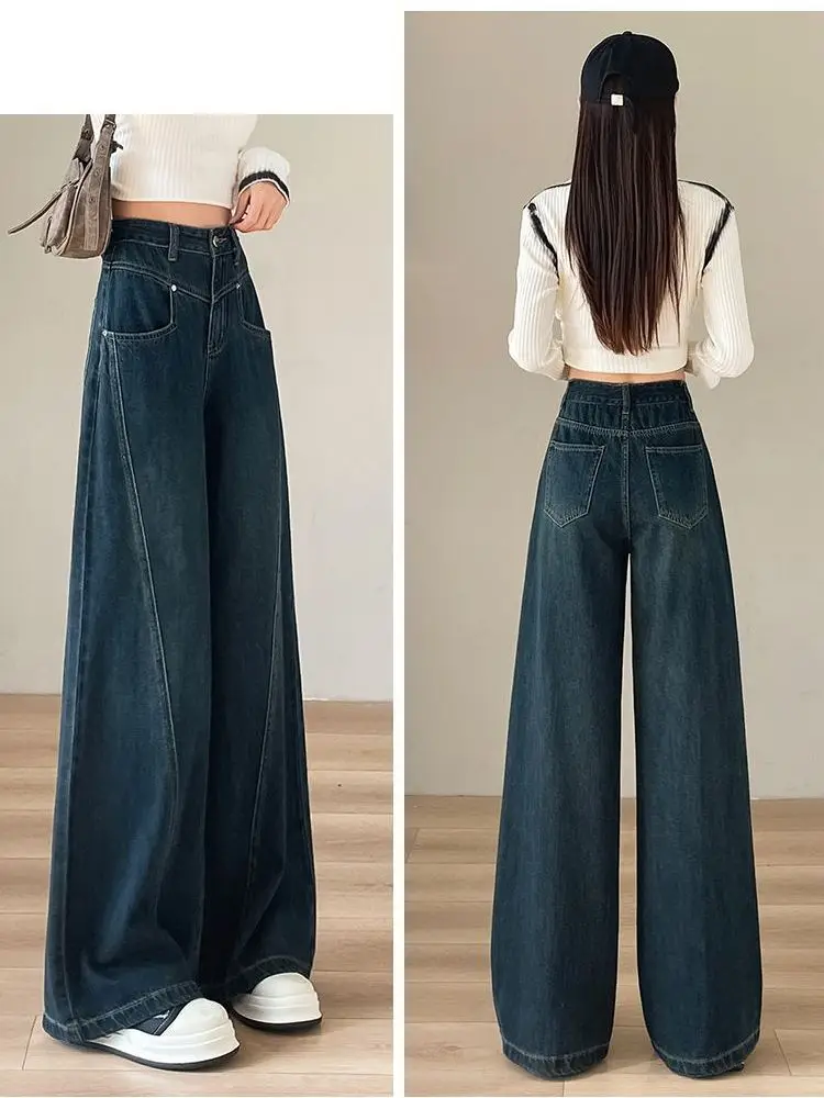 

High Waist Wide Leg Denim Jeans Women's Retro Design Loose Fit Straight Leg Pants plus Size Slimming Casual Spring 2026