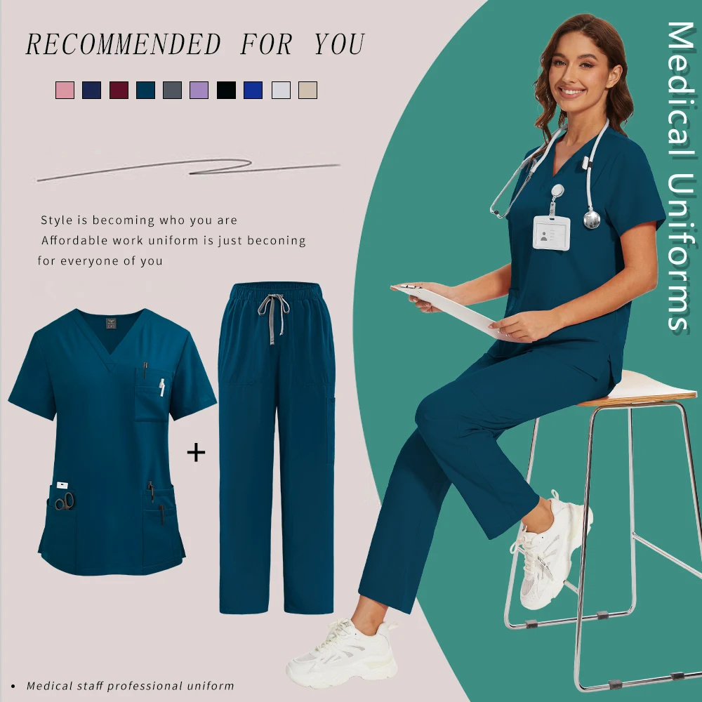 Uniforme médico multibolsillo Unisex para hombres y mujeres, Top de trabajo clínico para médico, enfermera, pantalones, conjunto exfoliante, disfraz de Spa de belleza, ropa de trabajo para dentista