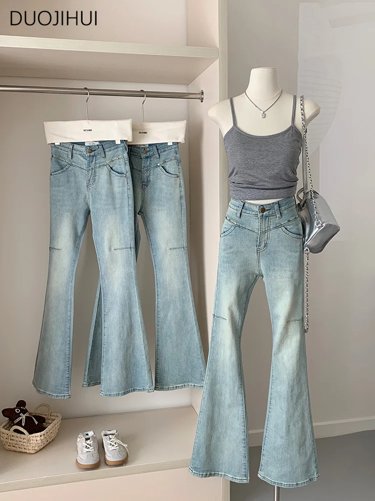 DUOJIHUI Spring Blue Rivets Distressed Women Jeans New High Waist Slim Fashion Flare Casual Pockets Full Length S-L Female Jeans