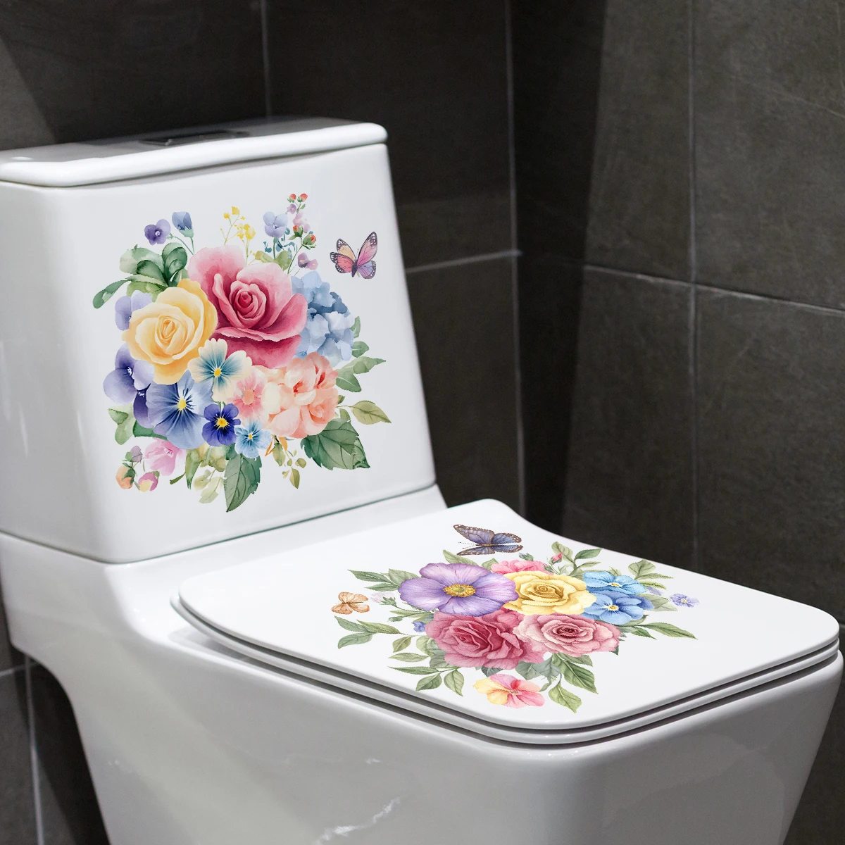 2PCS Painted Flower Bathroom Toilet Stickers Home Wall Waterproof Wall Stickers