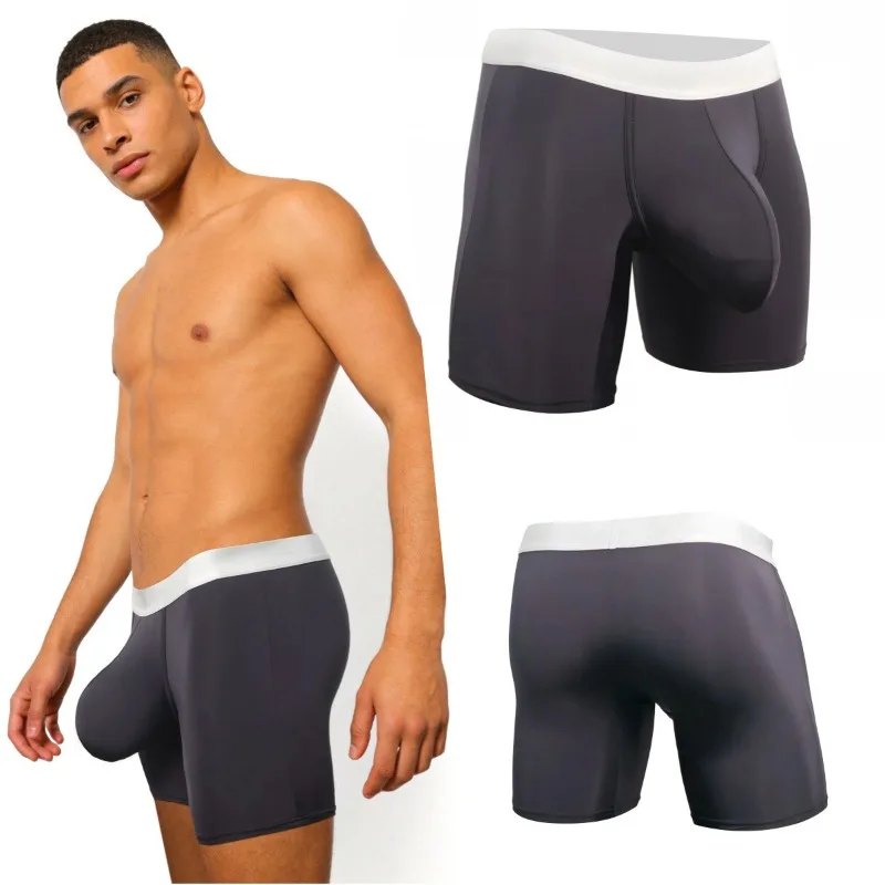 Mens Ice Silk Boxer Briefs Deep Enormous Pouch Breathable Cool Long Sports Running Underwear Anti Friction Chafe Free Trunks