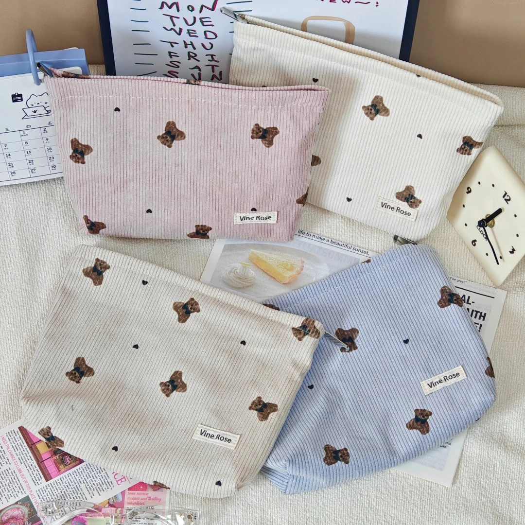 Teddy bear pattern cosmetic bag, corduroy fabric, zipper style, convenient travel wash bag, makeup bag for ladies
