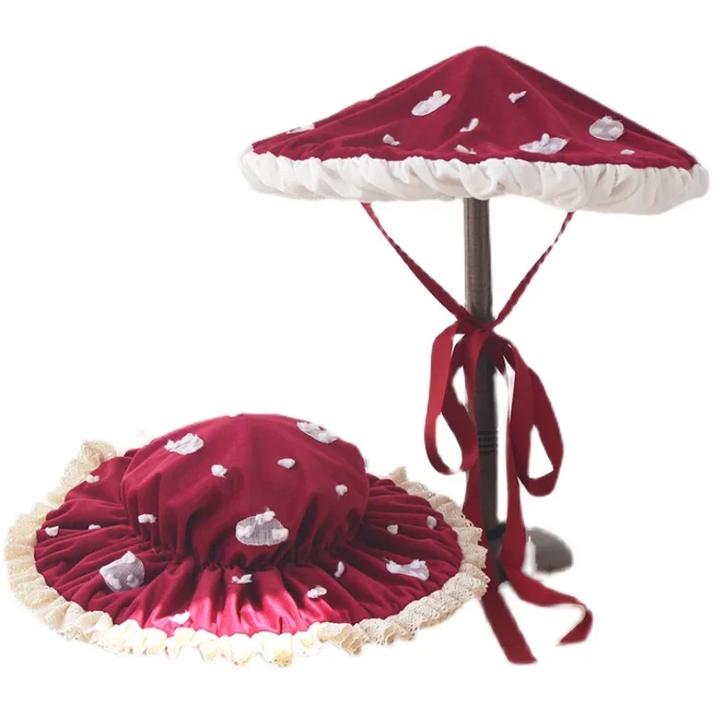 Lolita Cosplay Accessories Burgundy Mushroom Hats Bucket Cap Cute Umbrella Bb Mushroom Hats for Women and Children