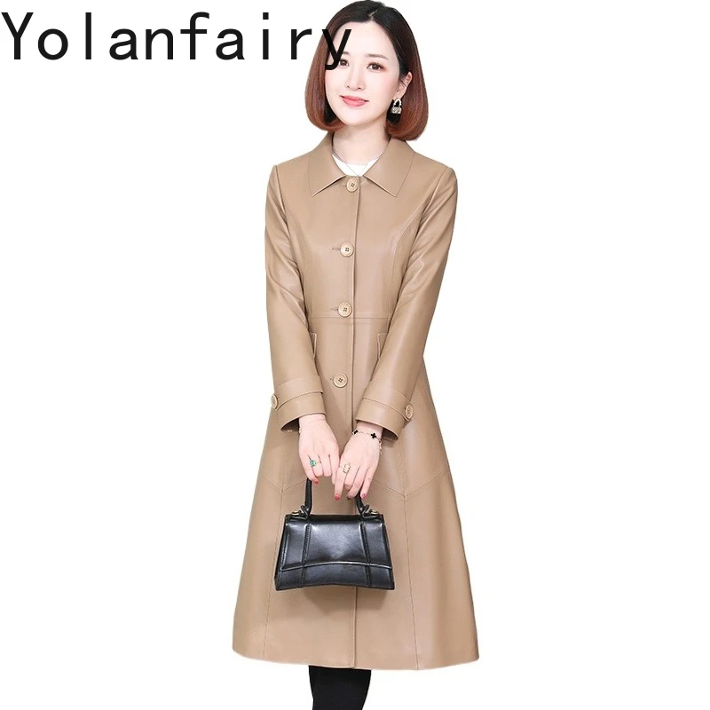 YOLANFAIRY سترة جلدية أصلية للنساء للخريف متوسطة الطول من جلد الغنم الحقيقي معطف واق من المطر موضة كورية ملابس خارجية ضيقة