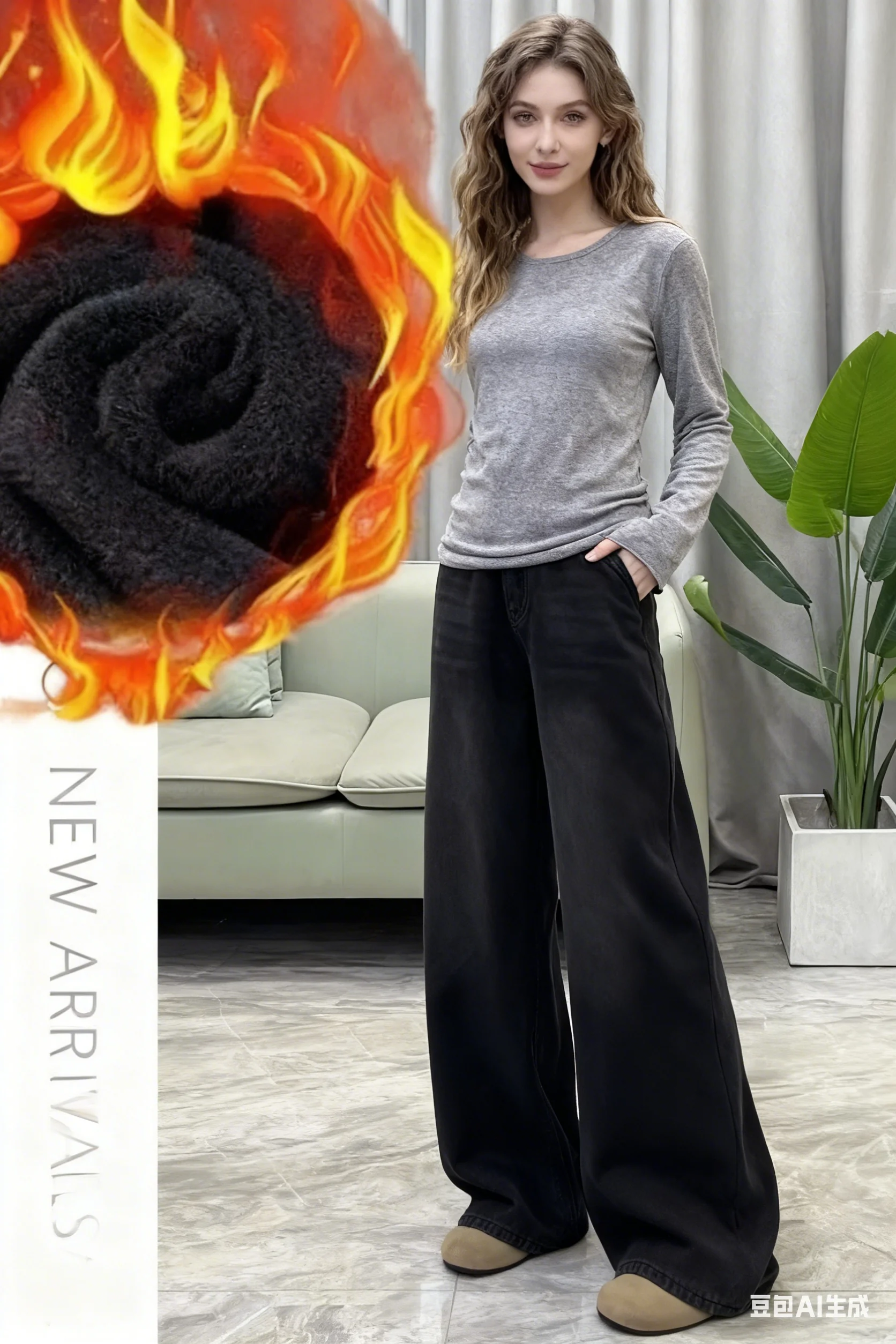 Womens Jeans Y2k Jeans Flared Trousers Black Gray Straight Leg Winter Warm Fleece Lined Loose Fit High Waist Wide Leg Fashion
