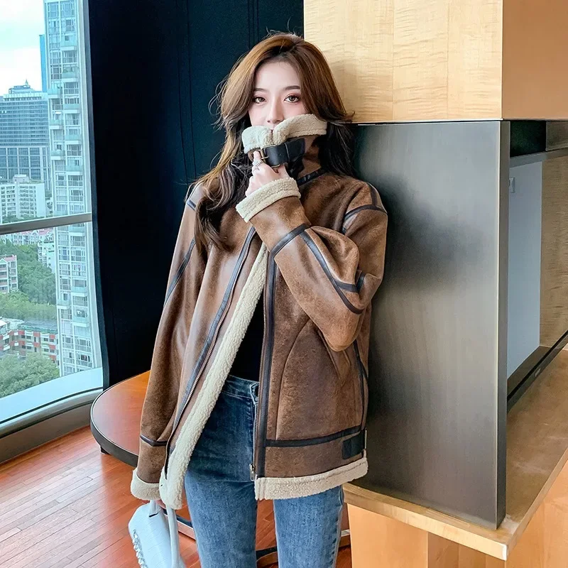 2024 Winter Vintage Integrated Jacket Women's Lamb Wool Motorcycle Leather Suede Maillard Thickened Jacket For Women