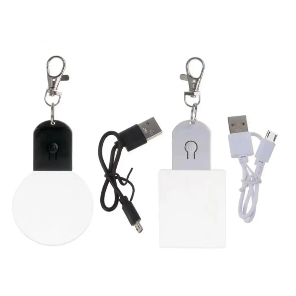 Round Square Night Light Keychain USB Rechargeable LED Light Source Acrylic Bag Charm Mini Size Transparent Car Key Ring