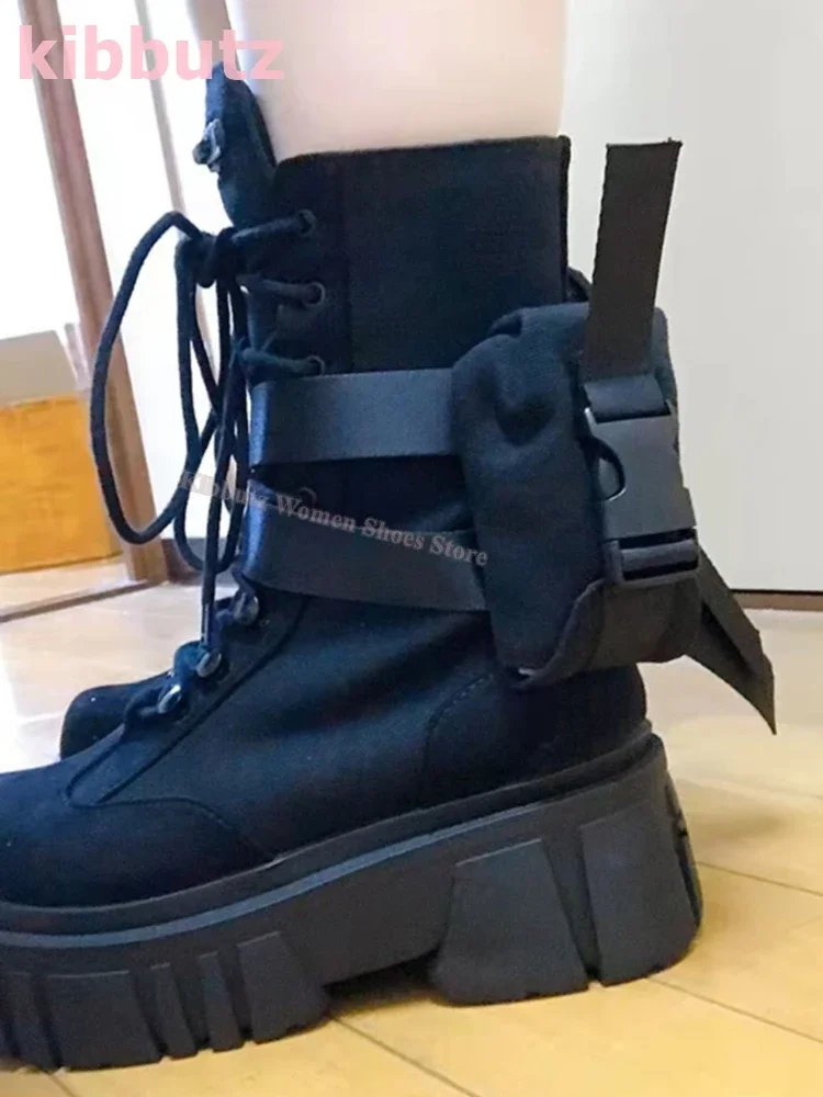 

Bags Belt Buckle Boots Mid Calf Lace-Up Round Toe Thick Bottom Solid Color Punk Fashion Elegant Sexy Concise Women Shoes Newest