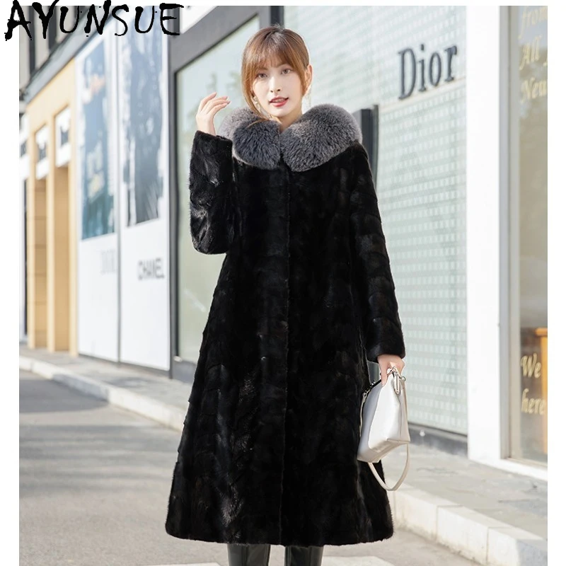 AYUNSUE معاطف فرو المنك امرأة 2025 معطف فرو طويل معاطف امرأة الشتاء الكورية ملابس عصرية للمرأة عالية الجودة Ropa Mujer