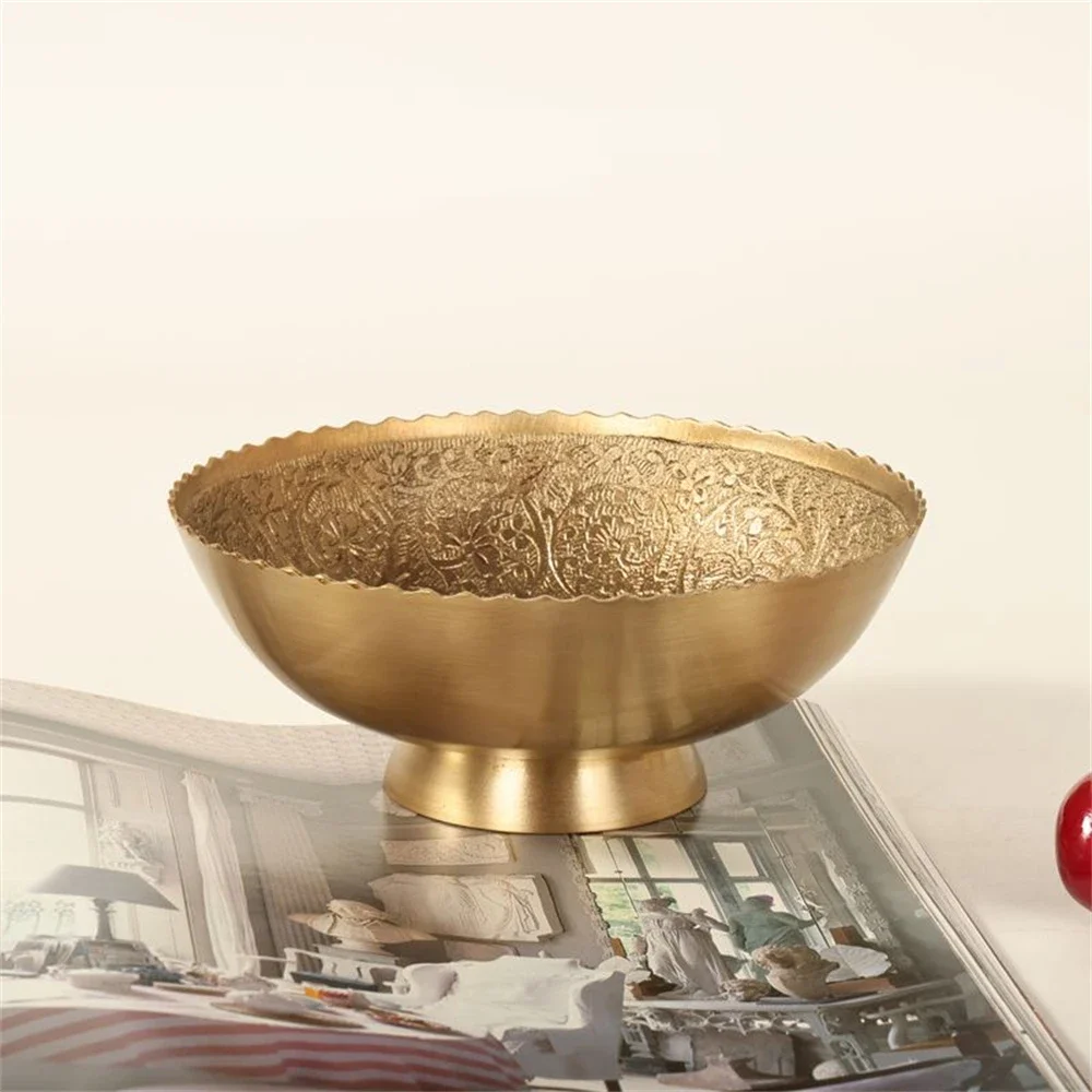 Household Kitchen Supplies Brass Fruit Plate Vintage Pattern Snack Candy Key Plate Light Luxury Embossed Pattern Storage Plate
