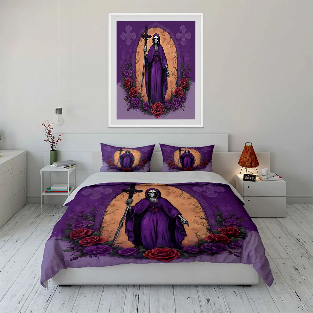 Skeleton in purple robe with roses Print Soft Comfortable Duvet Cover Bedding Set Included 1*Duvet Cover  2*Pillowcases