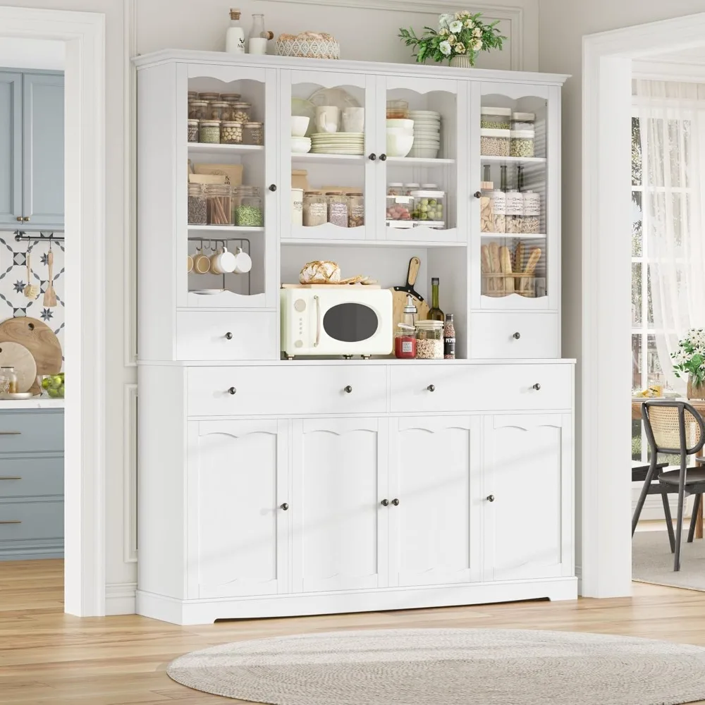 

74.4" Tall Kitchen Pantry Cabinet, Tall Storage Cabinet with Doors and Shelves, Food Cabinets with Countertop and Microwave Stan