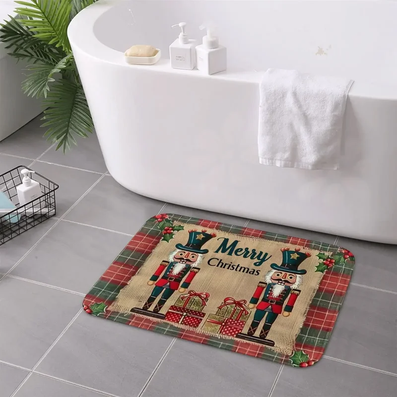 VIKAMA Christmas Flannel Door Mat Nutcracker Soldier Gift Plaid Holly Print Non Slip Mat For Front Door Porch Entry Decor