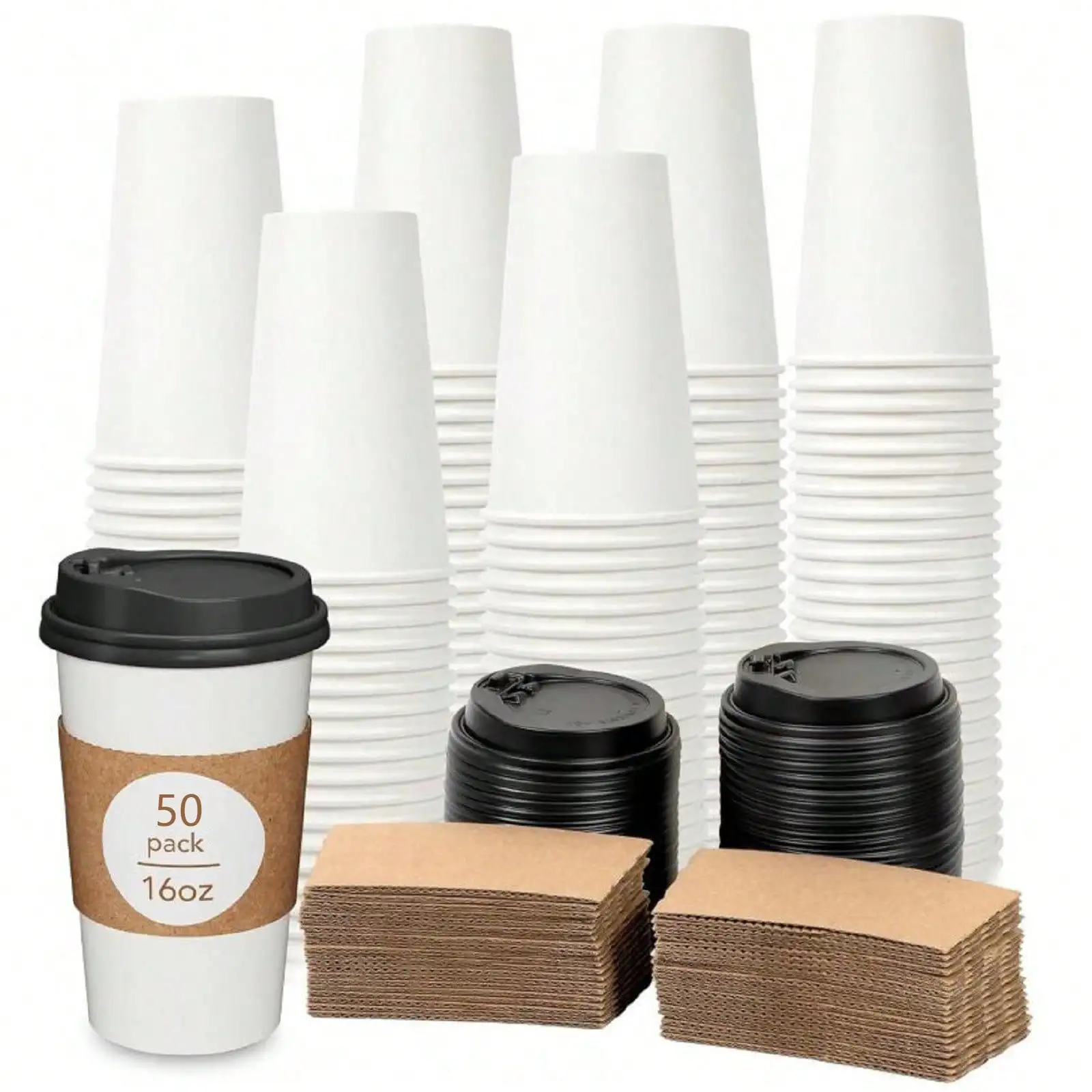 300 Pcs Disposable Paper Coffee Cups With Lids And Sleeves, 12 Oz / 16 Oz Thickened, Heat-Insulated, Waterproof, Leak-Proof To-G