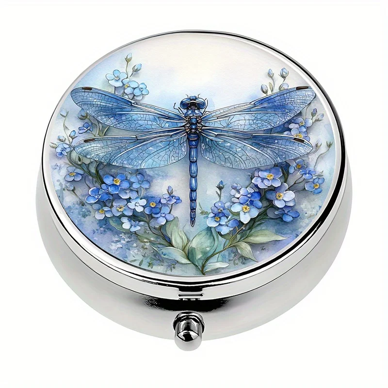 1 pill box, with 3 compartments, dragonfly and forget-me-not flower themed mini pill box, medicine storage box, unique gift for travel