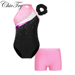 Kids Girls Ballet Dance Sets Gymnastics Workout Leotard Dance Biketard with Shorts Hair Band Set Dancewear Swimsuit Swimwear