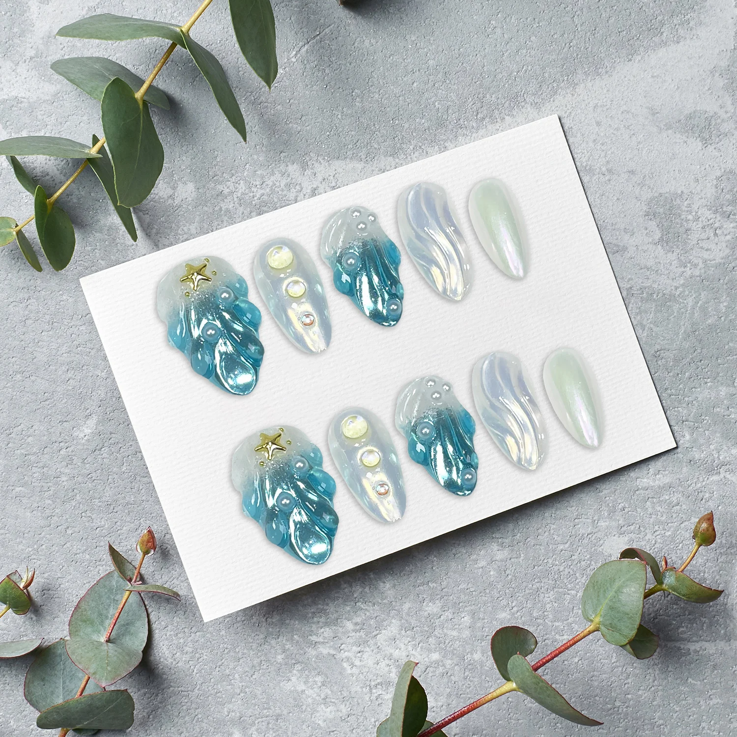 10szt 3D Summer Handmade Fake Nails Glossy French Style Press On Nail Fflash Shells Pearl Golden Star Designs Press On Nails