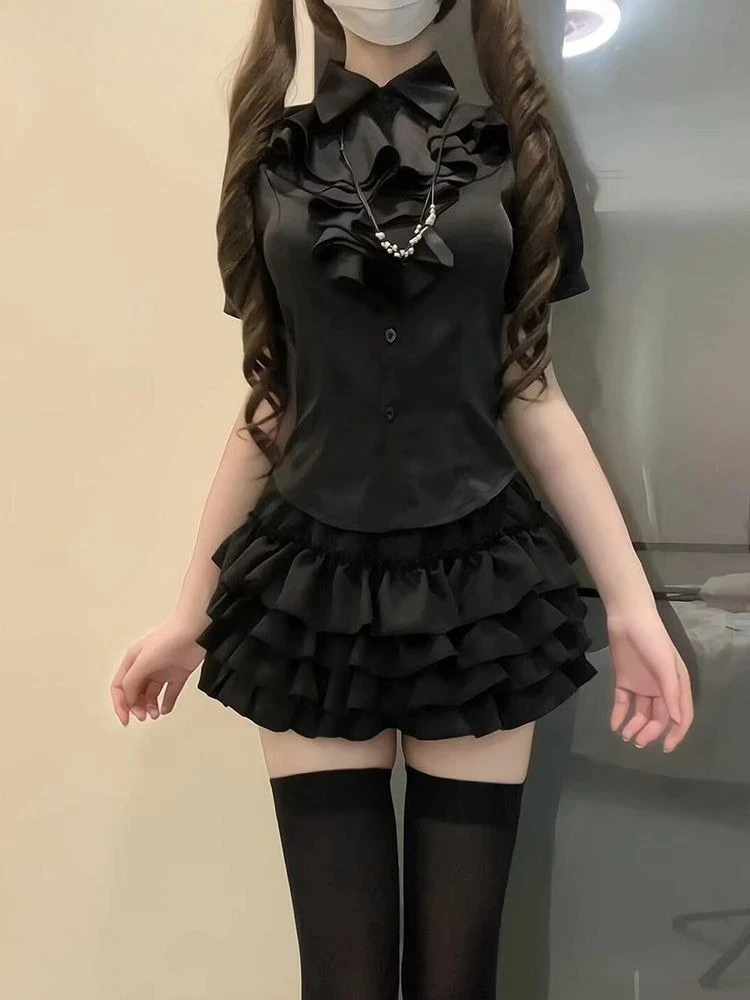 

Y2k Эстетический комплект из двух предметов Женская летняя однобортная приталенная блузка + мини-юбки с высокой талией и рюшами Костюм феи в стиле гранж