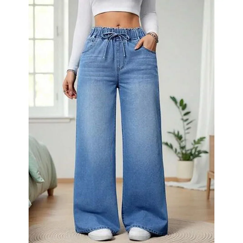Lady Designer High Waist Elastic Waistband Jeans Pants Female Blue Wide Leg Denim Pants Girls Korean Loose Fit Trousers