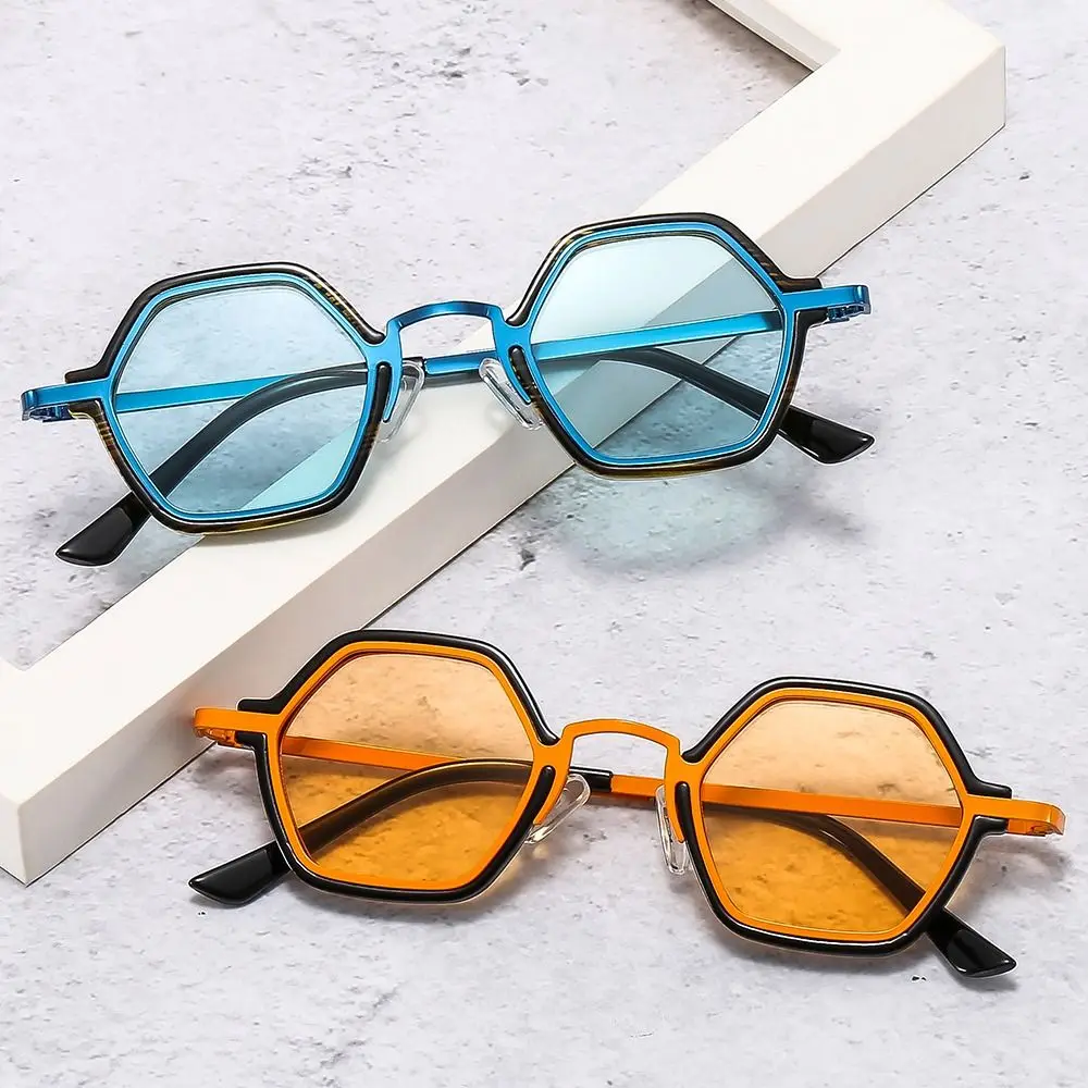 

Unisex Small Frame Polygonal Sunglasses Retro Hip Hop Punk Shades, Unique Metal Frame Sun Glasses Trendy Driving Eyewear