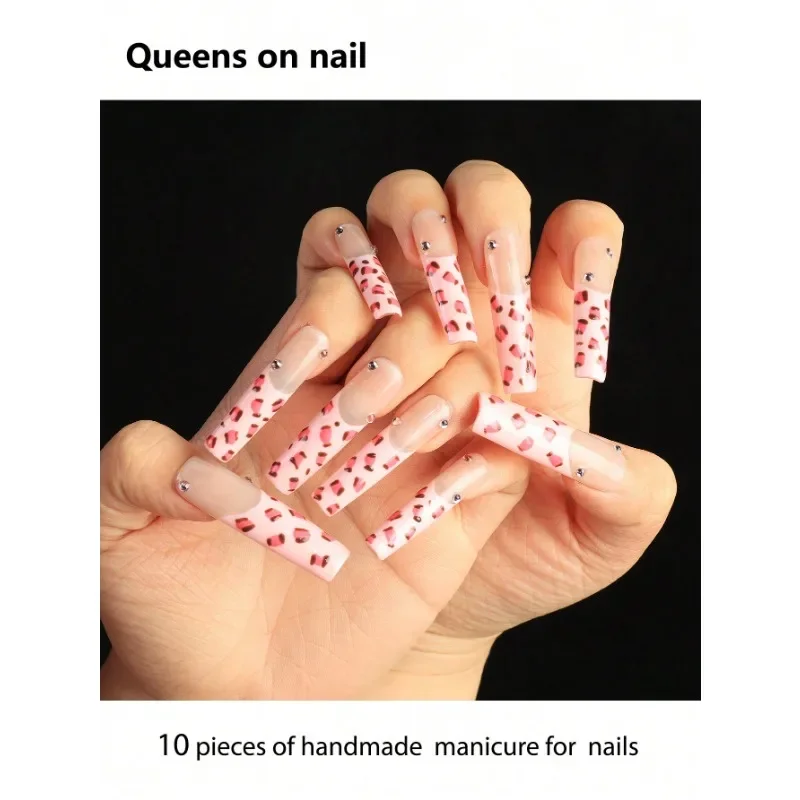 

10 Pieces Of Handmade press on Nails Extra Long Tubular A-Shape Hand Nails Y2K/Color Color/Leopard Print Pattern