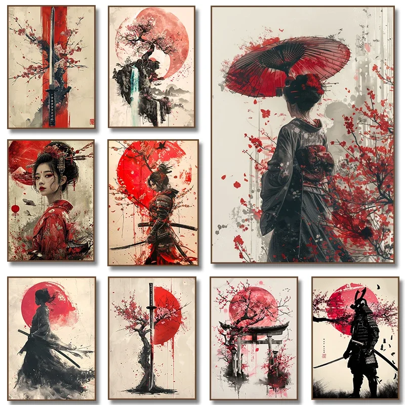 Japanese Samurai Geisha Umbrella Bonsai Sakura Art Poster Landscape Canvas Painting Wall Prints Picture for Room Home Decor