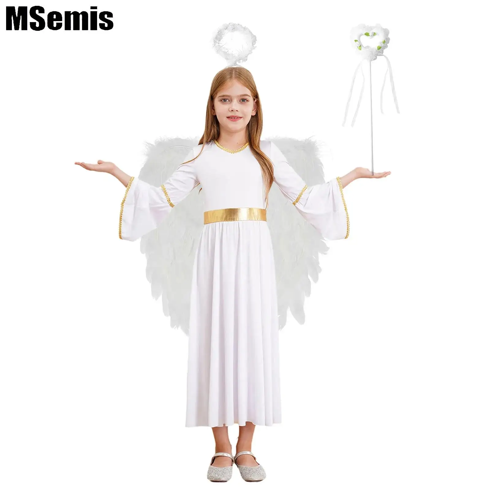 Girls Angel Cosplay Dress Set with Feather Angel Wings Headband And Fairy Sticks Set Halloween Party Performance Costume