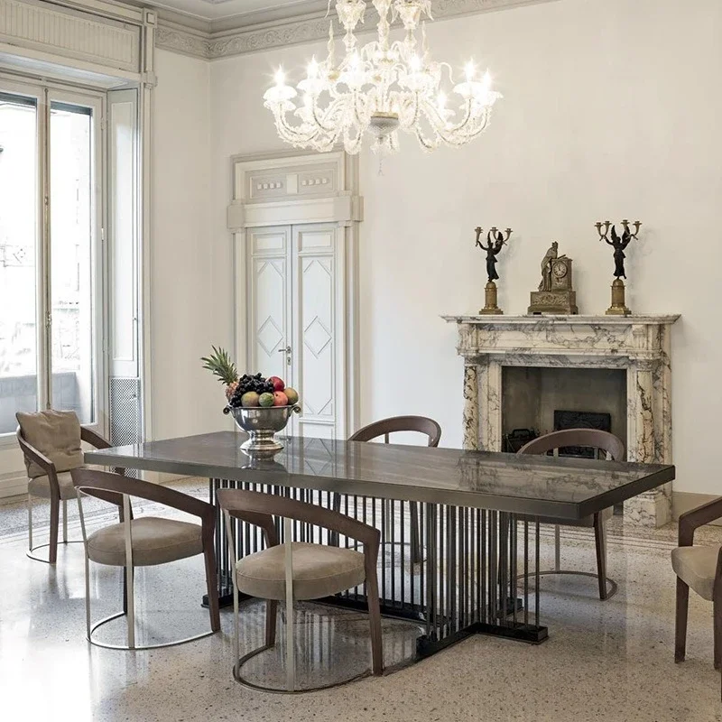 Light luxury Italian chair combination modern simple stainless steel rectangular marble dining table household dining table