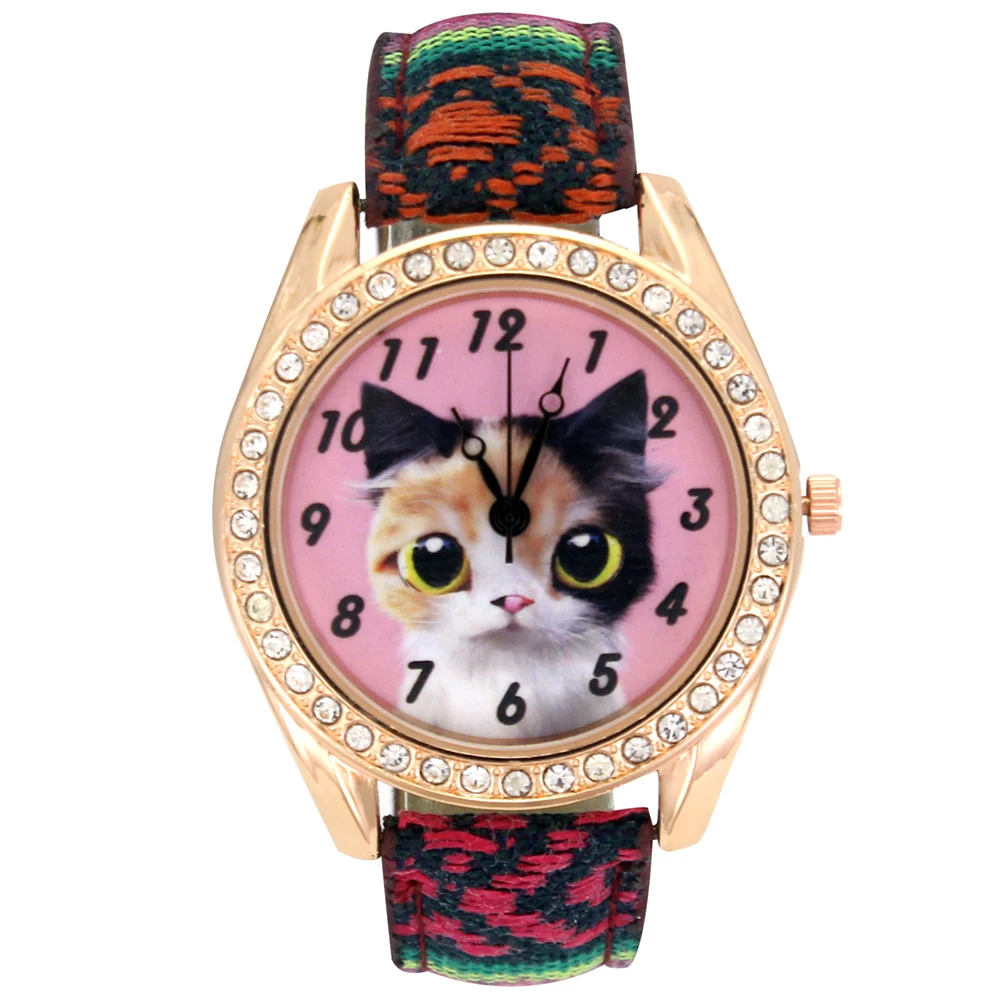 Cat Pet Women Fashion Luxury Rose Gold Crystal Dress Jewelry Denim Cloth Band Analog Watch