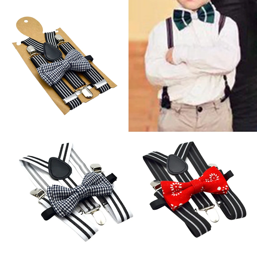 Gestreifte Hosenträger für Herren mit Fliege, robuste Hosenträger mit Clip-Riemen