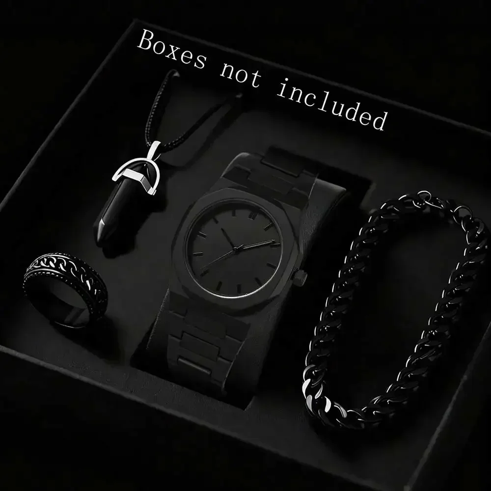 Matte Octagonal Minimalist Scale Men's Watch Cuban Bracelet Bullet Pendant Necklace Ring Four Piece Set, Not Including Gift Box
