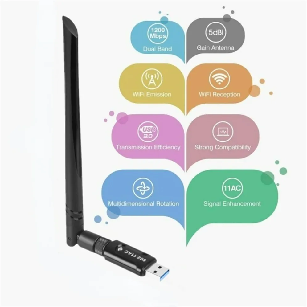 Dual Band USB WiFi Adapter, 2.4GHz, 5GHz, USB, placa de rede sem fio com antena, AC 1200Mbps, receptor para computador PC