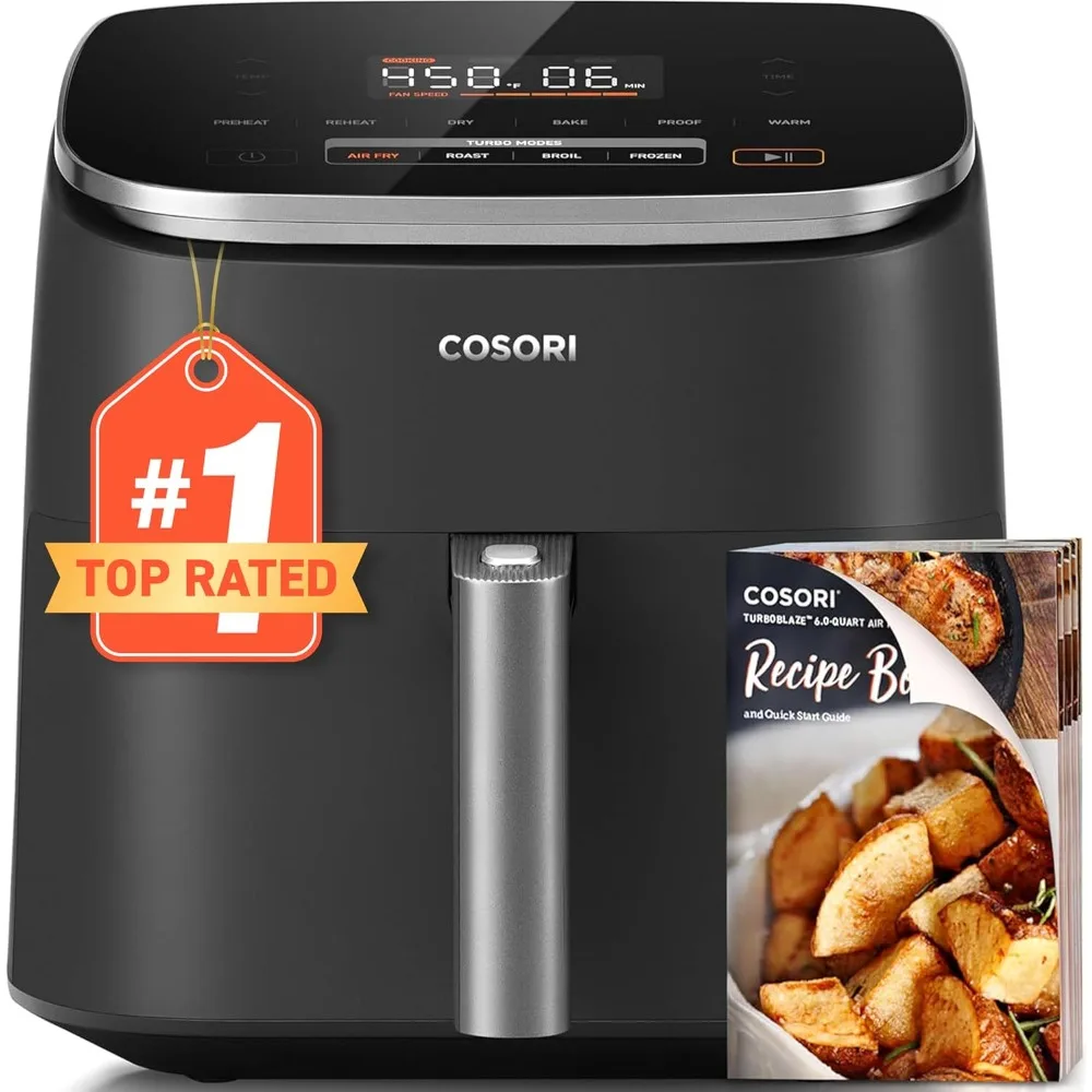 Air Fryer 9-in-1, Compact & Large 6-Qt, Fast Turbo Modes, 90°–450°F Even Results With Temperature Control, Up to 95% Less Oil