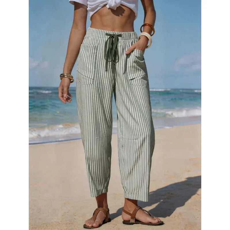 Drawstring Striped Linen Look Cropped Pants Women Pockets Beach Casual Trousers
