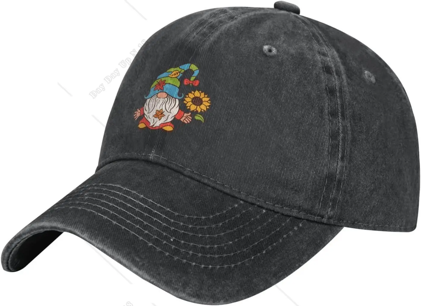 Gnome Sunflower Cute Distressed Adjustable Washed Denim Mens Dad Trucker Hat Baseball Ball Cap for Men