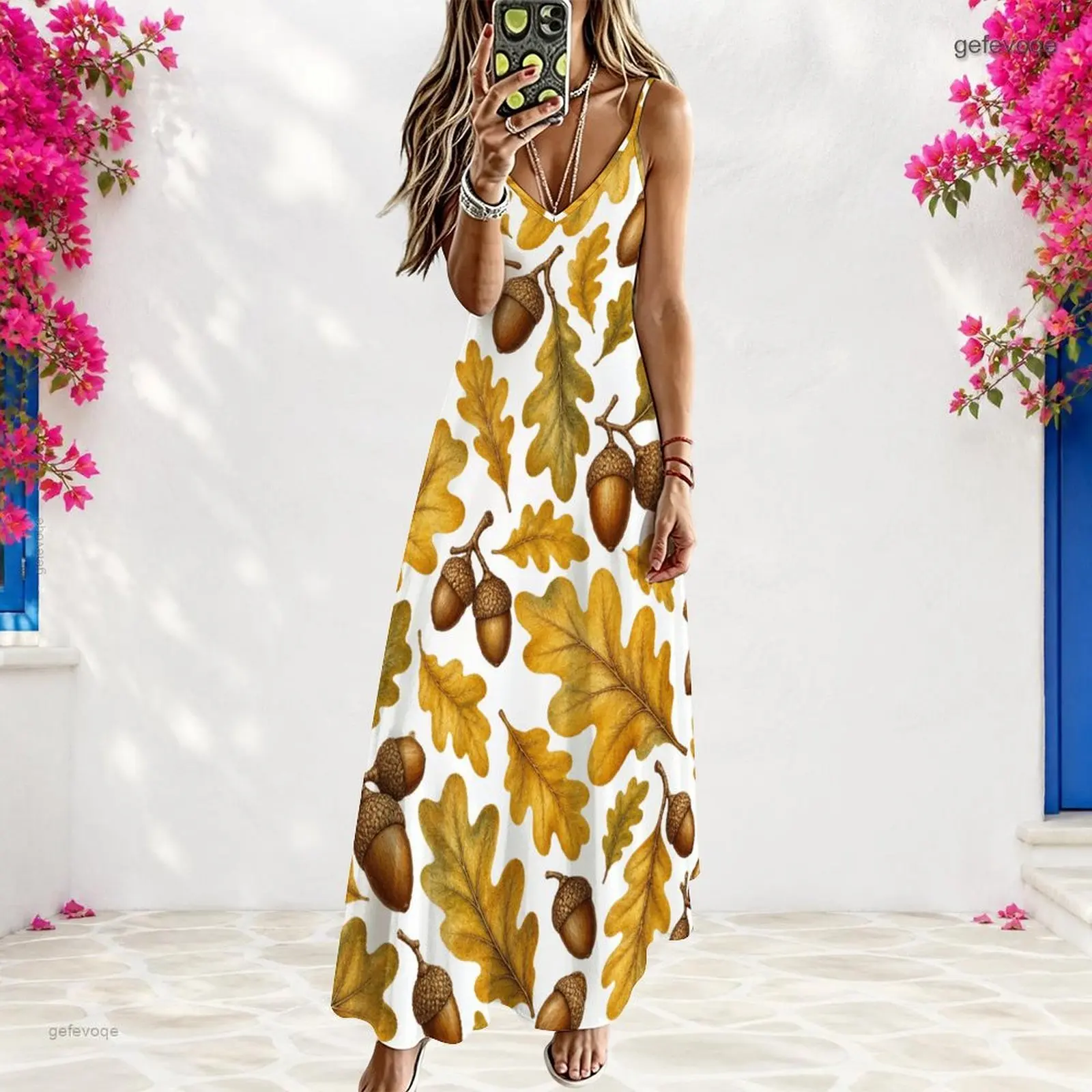 Women Sleeveless V Neck Strappy Long Dress, Printed Oak Leaf and Acorn Pattern