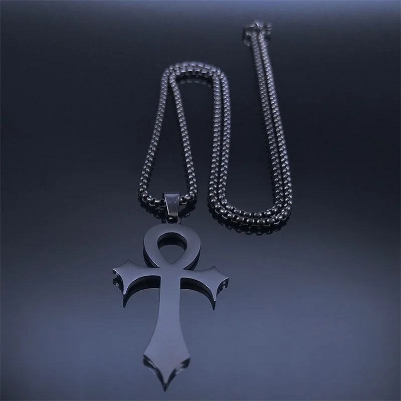 Goth Ägyptisches Kreuz Ankh Schlüssel des Lebens Halskette Edelstahl Schwarz Farbe Amulett Religiöse Halsketten Gothic Schmuck Geschenk N8582 – Detail 6