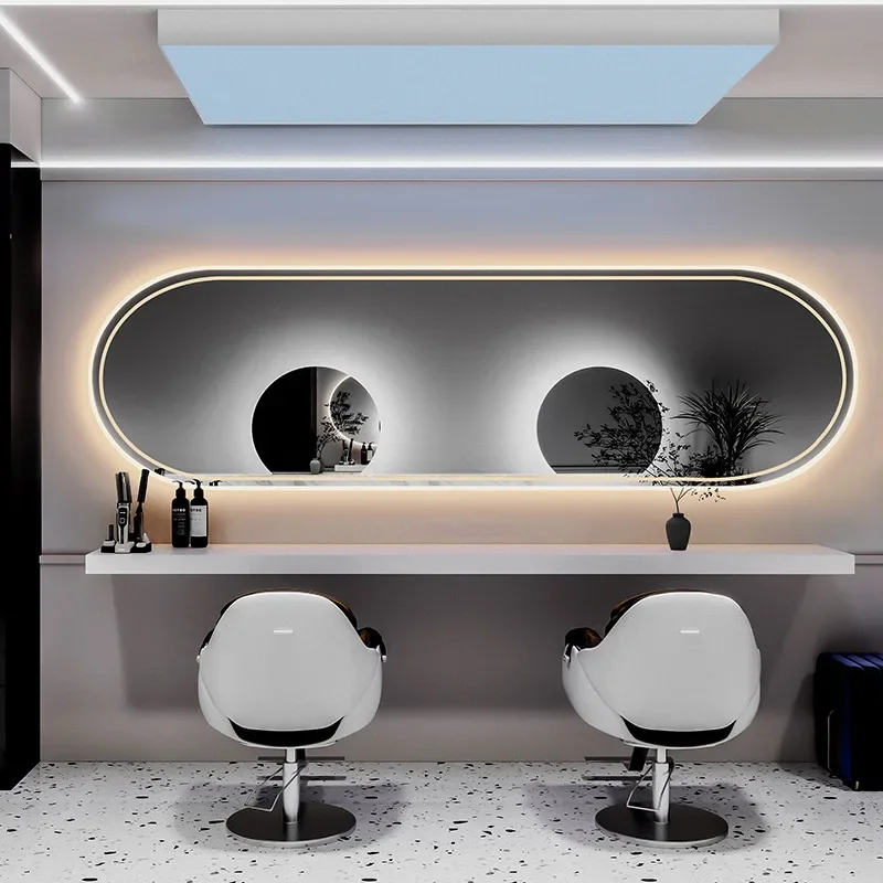 Horizontal long mirror with lamp hair  perm and dyeing area Internet celebrity hair cutting mirror table