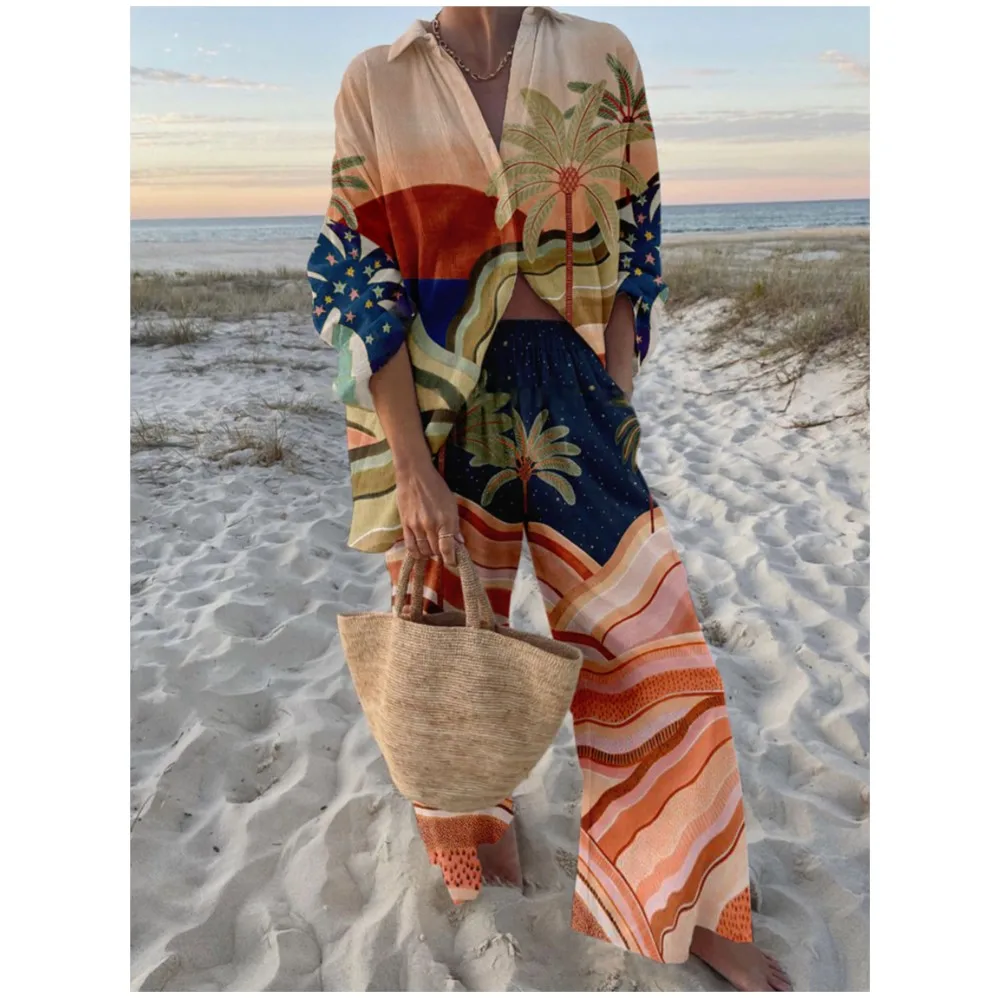 

Женская модная рубашка с длинными рукавами и принтом, длинные брюки, комплект из 2 предметов, летние женские повседневные свободные топы, пляжные длинные брюки из двух предметов