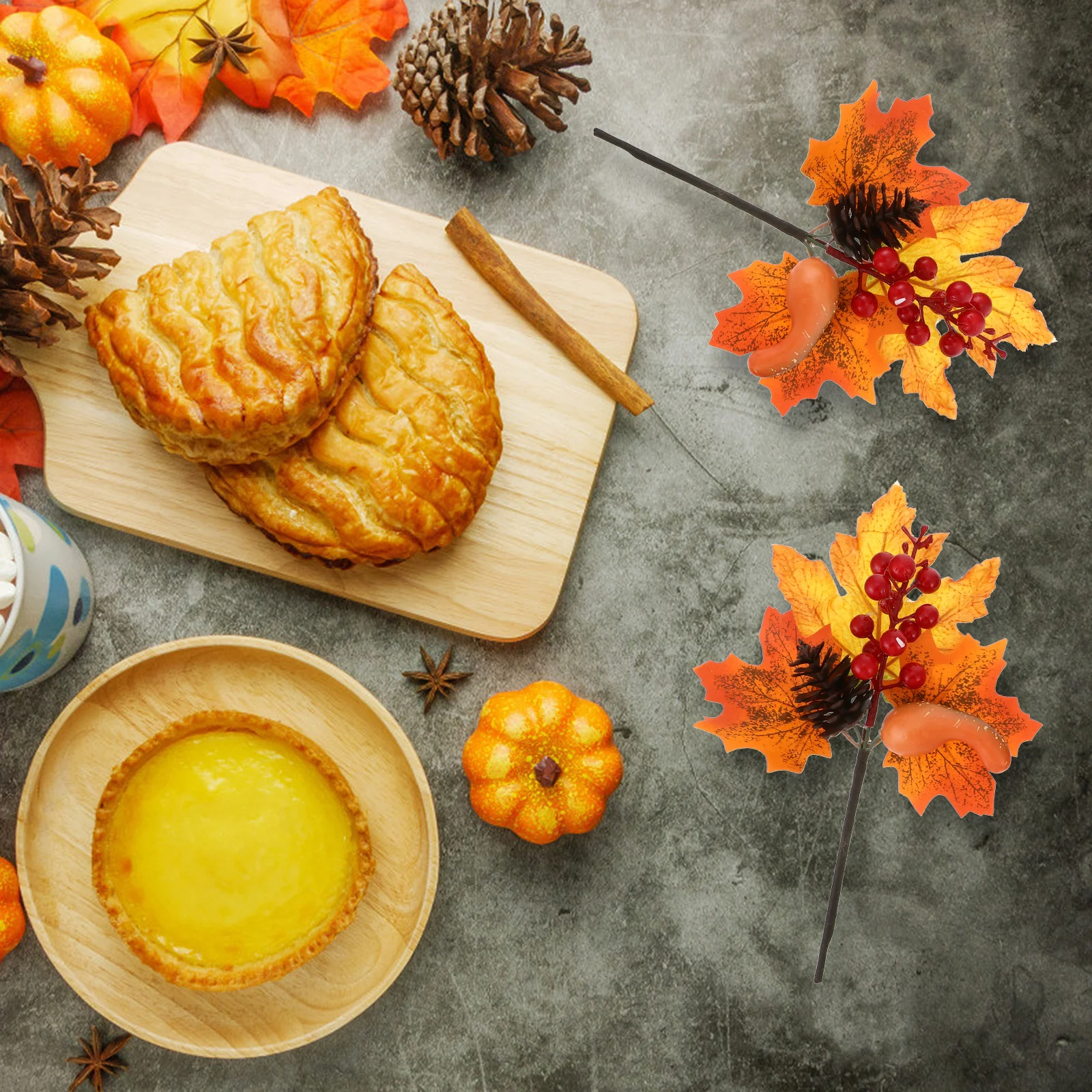 

2Pcs Artificial Maple Leaves Branches Realistic Harvest Fall Picks Berries Pinecone Thanksgiving Day Decor Table Home Decoration